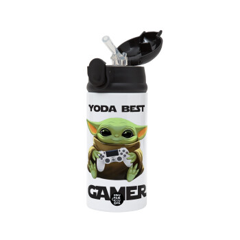 Yoda Best Gamer, Children's hot water bottle, stainless steel, with safety straw, Black (360ml) BPA-FREE