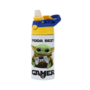 Yoda Best Gamer, Children's hot water bottle, stainless steel, with safety straw, green, blue (360ml) BPA FREE