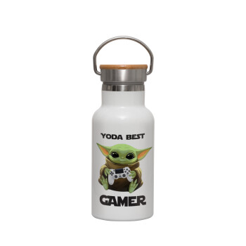 Yoda Best Gamer, Metallic thermos (Stainless steel) White with wooden lid (bamboo), double-walled, 350ml