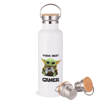 Yoda Best Gamer, Stainless steel White with wooden lid (bamboo), double wall, 750ml