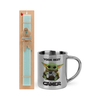 Yoda Best Gamer, Easter Set, metallic thermal cup (300ml) & aromatic flat Easter candle (30cm) (TURQUOISE)