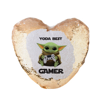 Yoda Best Gamer, Μαξιλάρι καναπέ καρδιά Μαγικό Χρυσό με πούλιες 40x40cm περιέχεται το  γέμισμα