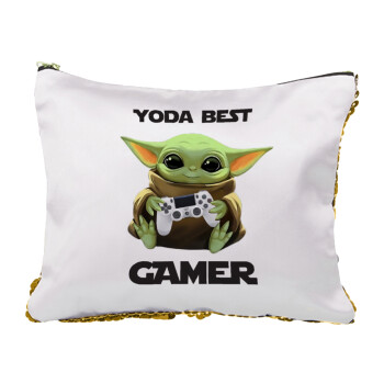 Yoda Best Gamer, Sequin Gold Pouch Cosmetic Bag