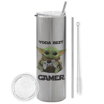 Yoda Best Gamer, Eco friendly stainless steel Silver tumbler 600ml, with metal straw & cleaning brush