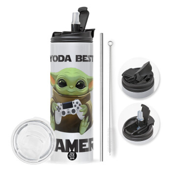 Yoda Best Gamer, Travel Tumbler θερμό με διπλό καπάκι, μεταλλικό καλαμάκι και βούρτσα καθαρισμού (Ανωξείδωτο 304 Food grade, BPA free, 600ml)