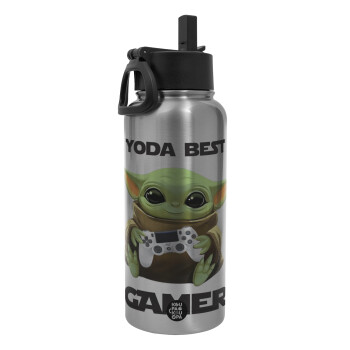 Yoda Best Gamer, Metal mug thermo Silver with Straw and Spout Lid (Stainless steel), double wall, 950ml