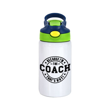 Because i'm the Coach, Children's hot water bottle, stainless steel, with safety straw, green, blue (350ml)