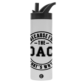 Because i'm the Coach, Metallic thermos bottle with straw & handle, stainless steel (Stainless steel 304), double-walled, 600ml.