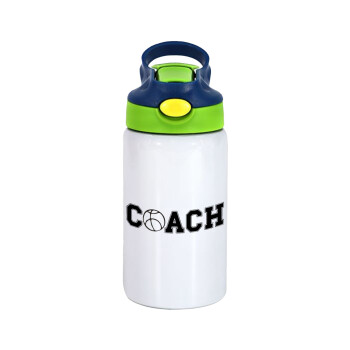 Basketball Coach, Children's hot water bottle, stainless steel, with safety straw, green, blue (350ml)