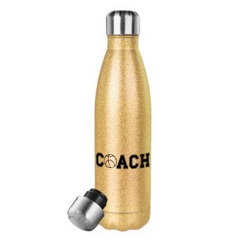 Basketball Coach, Glitter gold stainless steel thermos bottle, double-walled, 500ml