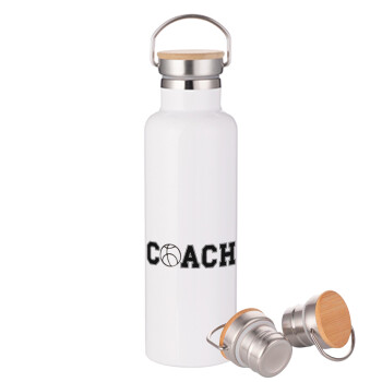 Basketball Coach, Stainless steel White with wooden lid (bamboo), double wall, 750ml