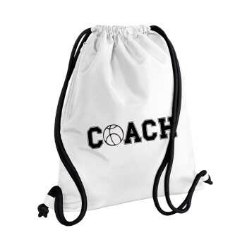 Basketball Coach, Τσάντα πλάτης πουγκί GYMBAG λευκή, με τσέπη (40x48cm) & χονδρά κορδόνια