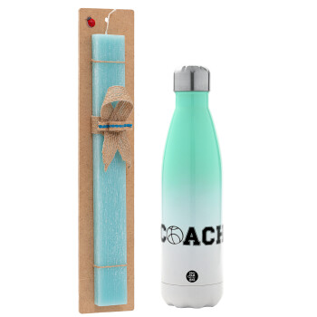 Basketball Coach, Easter Set, Metallic green/white thermos (Stainless steel), double-walled, 500ml & scented flat Easter candle (30cm) (TURQUOISE)