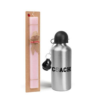 Basketball Coach, Easter Set, metallic Silver aluminum water bottle (500ml) & scented flat Easter candle (30cm) (PINK)