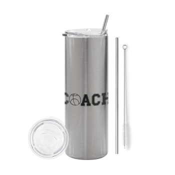 Basketball Coach, Eco friendly stainless steel Silver tumbler 600ml, with metal straw & cleaning brush