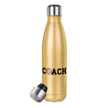 Volleyball Coach, Glitter gold stainless steel thermos bottle, double-walled, 500ml