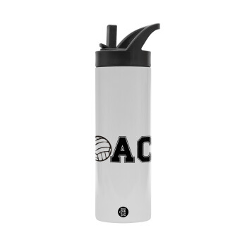 Volleyball Coach, Metallic thermos bottle with straw & handle, stainless steel (Stainless steel 304), double-walled, 600ml.