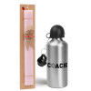 Easter Set, metallic Silver aluminum water bottle (500ml) & scented flat Easter candle (30cm) (PINK)