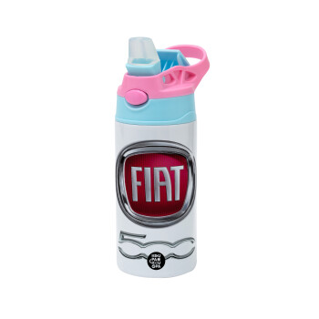 FIAT 500, Children's hot water bottle, stainless steel, with safety straw, Pink/BlueCiel (360ml) BPA FREE