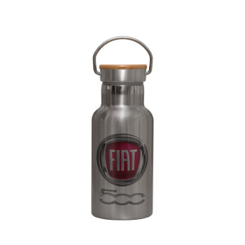 FIAT 500, Stainless steel metallic thermos flask, silver with a bamboo lid, double-walled, 350ml.