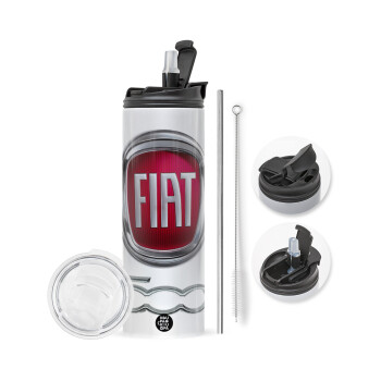 FIAT 500, Travel Tumbler θερμό με διπλό καπάκι, μεταλλικό καλαμάκι και βούρτσα καθαρισμού (Ανωξείδωτο 304 Food grade, BPA free, 600ml)