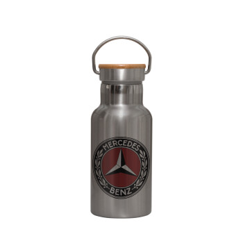 Mercedes vintage, Stainless steel metallic thermos flask, silver with a bamboo lid, double-walled, 350ml.