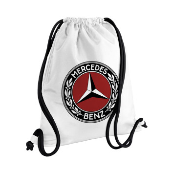 Mercedes vintage, Τσάντα πλάτης πουγκί GYMBAG λευκή, με τσέπη (40x48cm) & χονδρά κορδόνια