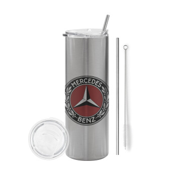 Mercedes vintage, Eco friendly stainless steel Silver tumbler 600ml, with metal straw & cleaning brush
