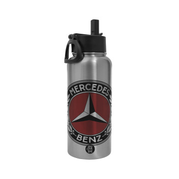 Mercedes vintage, Metal mug thermo Silver with Straw and Spout Lid (Stainless steel), double wall, 950ml