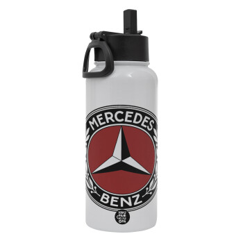 Mercedes vintage, Metal mug thermo White with Straw and Spout Lid (Stainless steel), double wall, 950ml