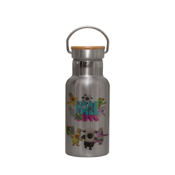 FALL GUYS, Stainless steel metallic thermos flask, silver with a bamboo lid, double-walled, 350ml.