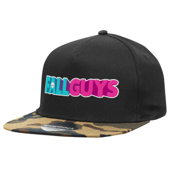 FALL GUYS, Adult Flat Snapback Hat Black/Camouflage, (100% COTTON TWILL, ADULT, UNISEX, ONE SIZE)