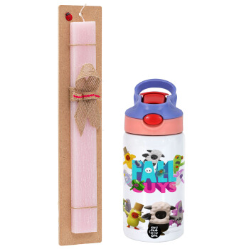 FALL GUYS, Easter Set, Children's thermal stainless steel water bottle with safety straw, pink/purple (350ml) & Easter scented flat candle (30cm) (PINK)