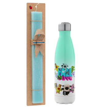 FALL GUYS, Easter Set, Metallic green/white thermos (Stainless steel), double-walled, 500ml & scented flat Easter candle (30cm) (TURQUOISE)