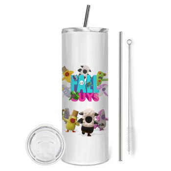 FALL GUYS, Eco friendly ποτήρι θερμό (tumbler) από ανοξείδωτο ατσάλι 600ml, με μεταλλικό καλαμάκι & βούρτσα καθαρισμού