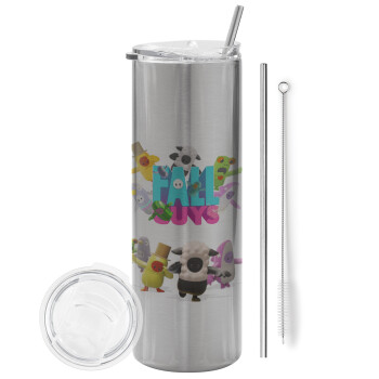 FALL GUYS, Eco friendly stainless steel Silver tumbler 600ml, with metal straw & cleaning brush