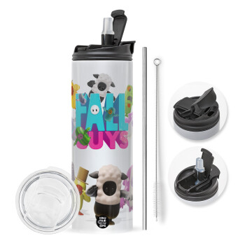 FALL GUYS, Travel Tumbler 2 Lids, with metal straw & cleaning brush (Stainless steel 304 Food grade, BPA free, 600ml)