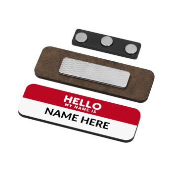 Your name here simple RED, Name Tags/Badge Ξύλινο με μαγνήτη ασφαλείας (75x25mm)