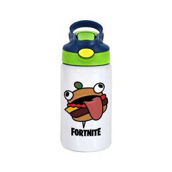 Fortnite Durr Burger, Children's hot water bottle, stainless steel, with safety straw, green, blue (350ml)
