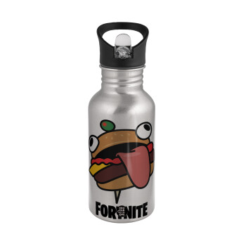 Fortnite Durr Burger, Water bottle Silver with straw, stainless steel 500ml