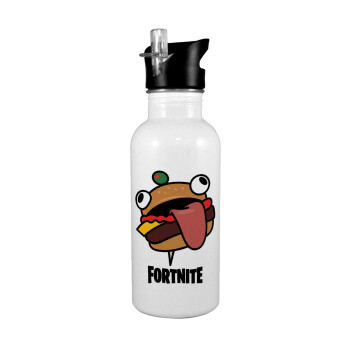 Fortnite Durr Burger, White water bottle with straw, stainless steel 600ml