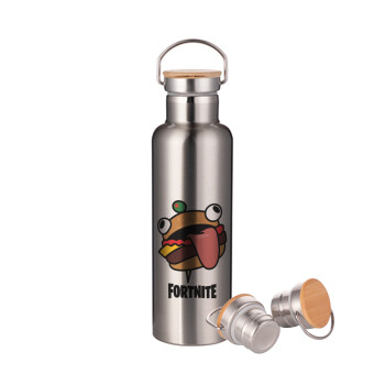 Fortnite Durr Burger, Stainless steel Silver with wooden lid (bamboo), double wall, 750ml