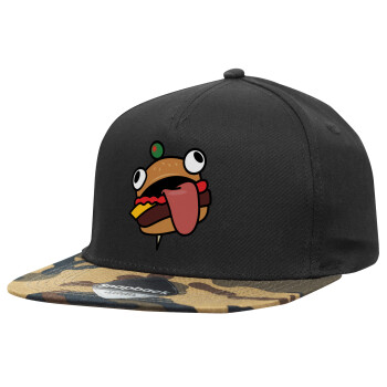 Fortnite Durr Burger, Adult Flat Snapback Hat Black/Camouflage, (100% COTTON TWILL, ADULT, UNISEX, ONE SIZE)