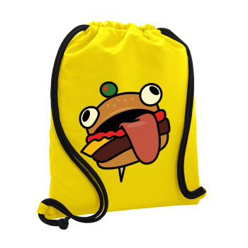 Fortnite Durr Burger, Τσάντα πλάτης πουγκί GYMBAG Κίτρινη, με τσέπη (40x48cm) & χονδρά κορδόνια