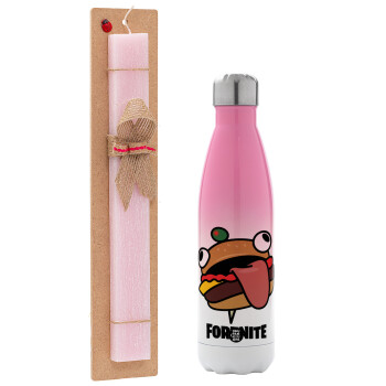 Fortnite Durr Burger, Easter Set, Metallic pink/white (Stainless steel) thermos, double-walled, 500ml & aromatic flat Easter candle (30cm) (PINK)