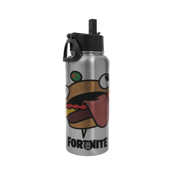 Fortnite Durr Burger, Metal mug thermo Silver with Straw and Spout Lid (Stainless steel), double wall, 950ml