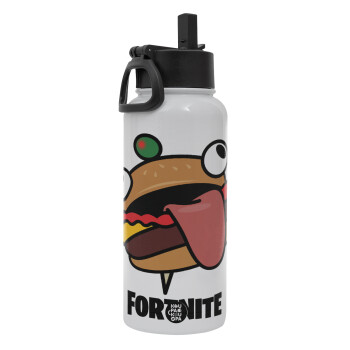 Fortnite Durr Burger, Metal mug thermo White with Straw and Spout Lid (Stainless steel), double wall, 950ml