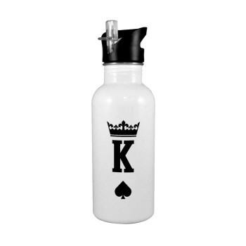 King, White water bottle with straw, stainless steel 600ml