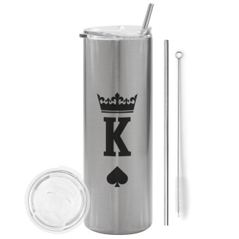 King, Eco friendly stainless steel Silver tumbler 600ml, with metal straw & cleaning brush