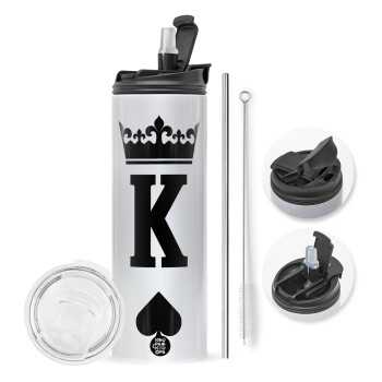 King, Travel Tumbler 2 Lids, with metal straw & cleaning brush (Stainless steel 304 Food grade, BPA free, 600ml)